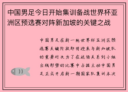 中国男足今日开始集训备战世界杯亚洲区预选赛对阵新加坡的关键之战